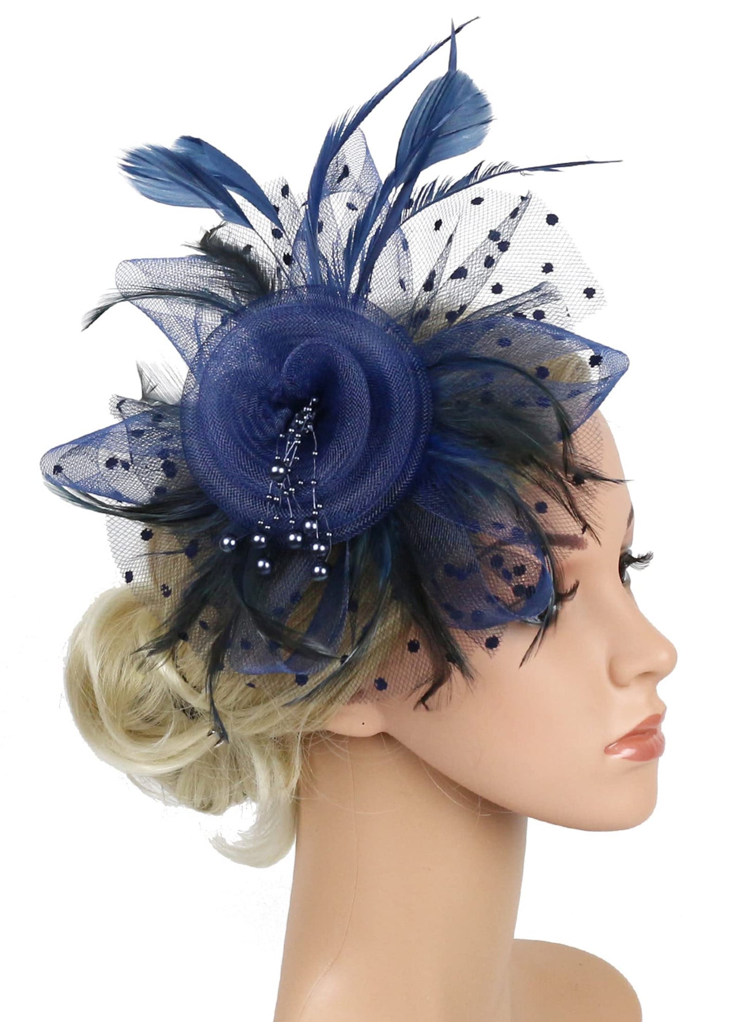 QDC Fascinators Hat for Women Tea Party Headband Kentucky Derby Hats Cocktail Flower Mesh Feathers Headwear Hair Clip for Wedding (Darkblue)