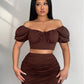 OYOANGLE Women's 2 Piece Outfits Short Puff Sleeve Off Shoulder Crop Tops and Ruched Short Skirts Set Coffee Brown M