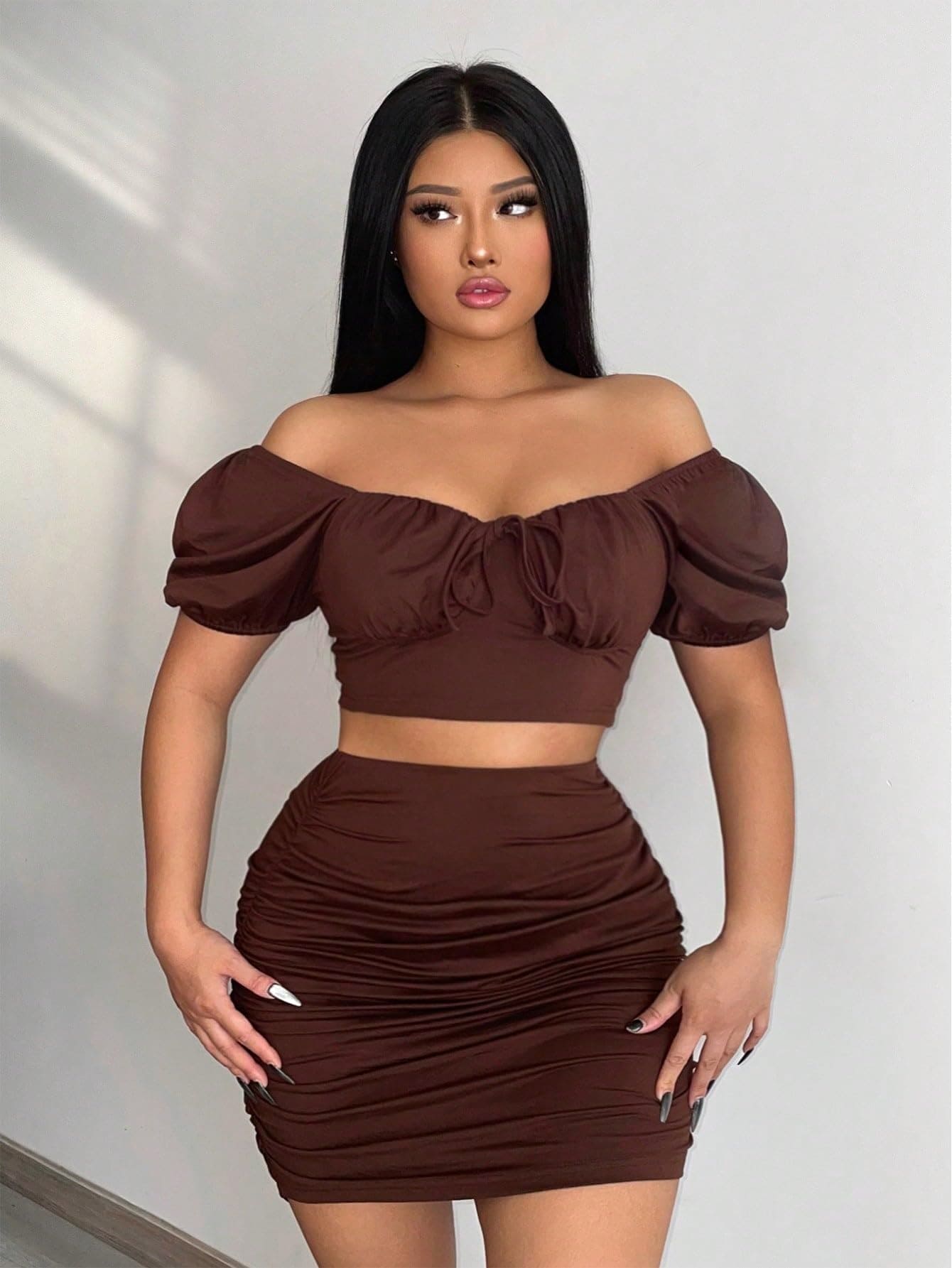 OYOANGLE Women's 2 Piece Outfits Short Puff Sleeve Off Shoulder Crop Tops and Ruched Short Skirts Set Coffee Brown M