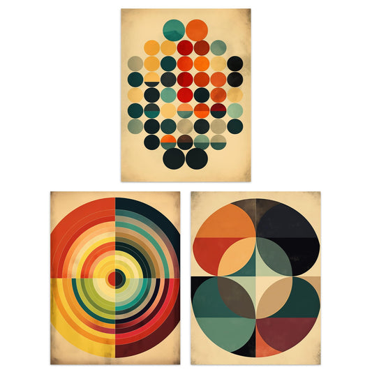 Artery8 Set of 3 A4 Bauhaus Mid Century Modern Abstract Geometric Concentric Circles Aesthetic Unframed Wall Art Living Room Poster Prints Pack