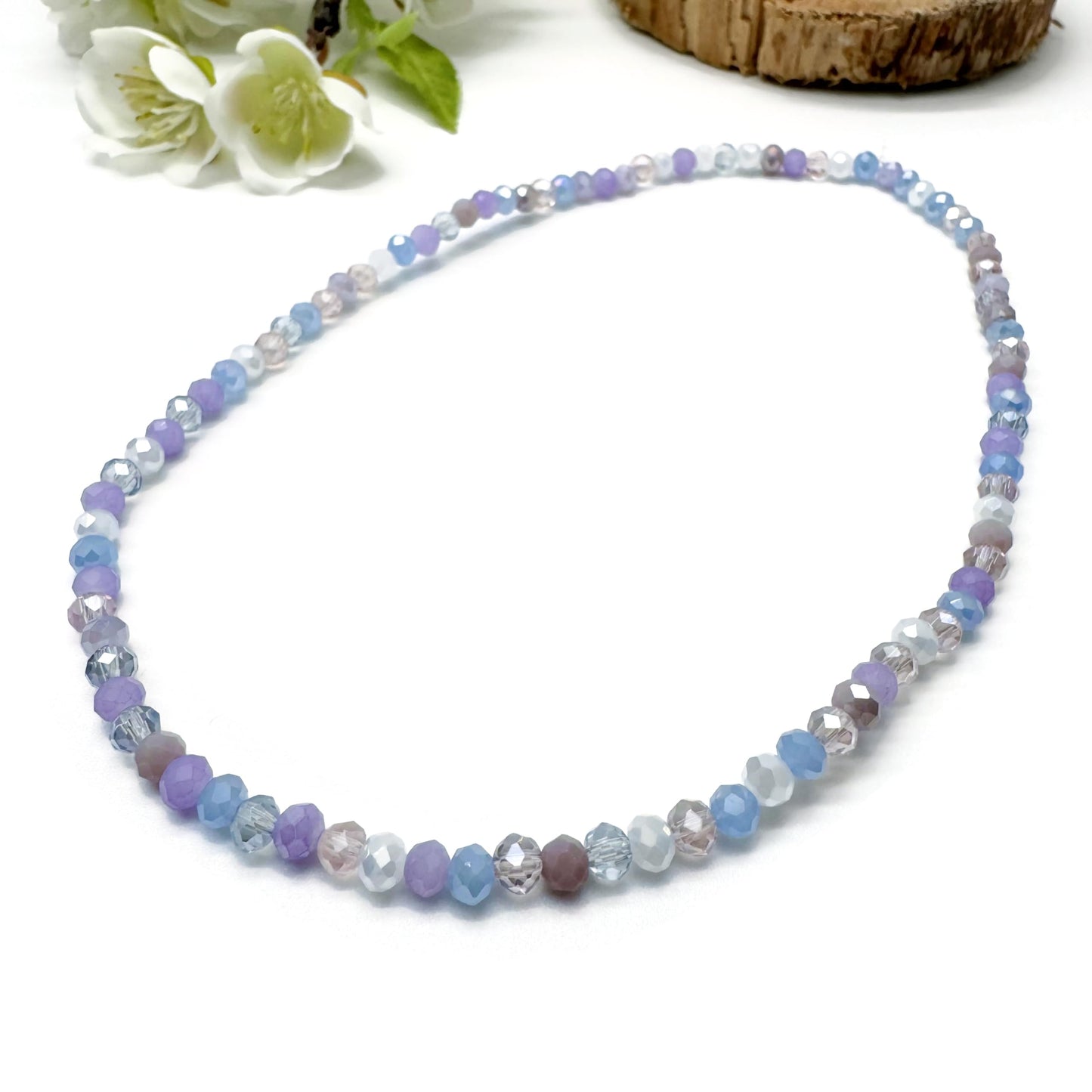 XXL Pale Pastels Faceted Glass Bead Anklet on Elastic - Handmade Pink Lilac White Blue Design : Plus Size Extra Large 13 inches - 4mm Beads in Pretty Summer Colours