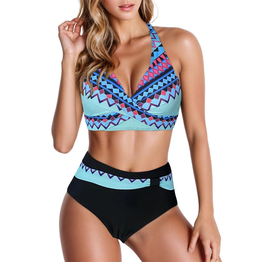 Bikini Sets for Older Women UK Two Piece Swimsuits High Waisted Top Swimwear Tankini Bottoms Printed Plus Size Bathing Suits Beachwear (Z0219A-Blue, M)