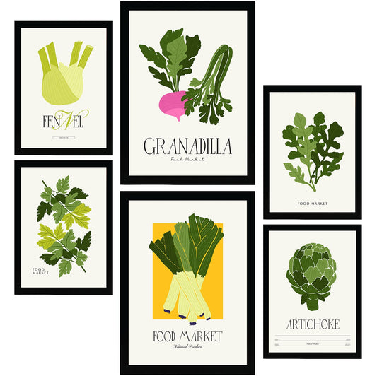 Nacnic Set of 6 Food and Plants Posters. Green Veggies. Nature and Botany Wall Art Prints in Vibrant Colours for Interior Design and Decoration. Sizes A3 & A4. Unframed.