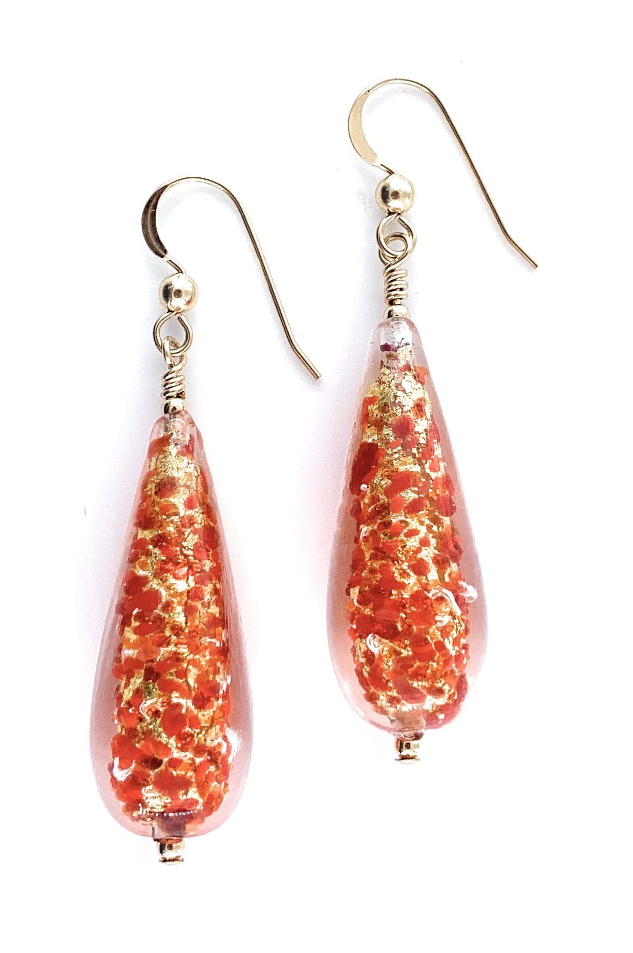 Diana Ingram earrings with speckled red and gold Murano glass long pear drops on Sterling Silver or 22 Carat gold vermeil hooks