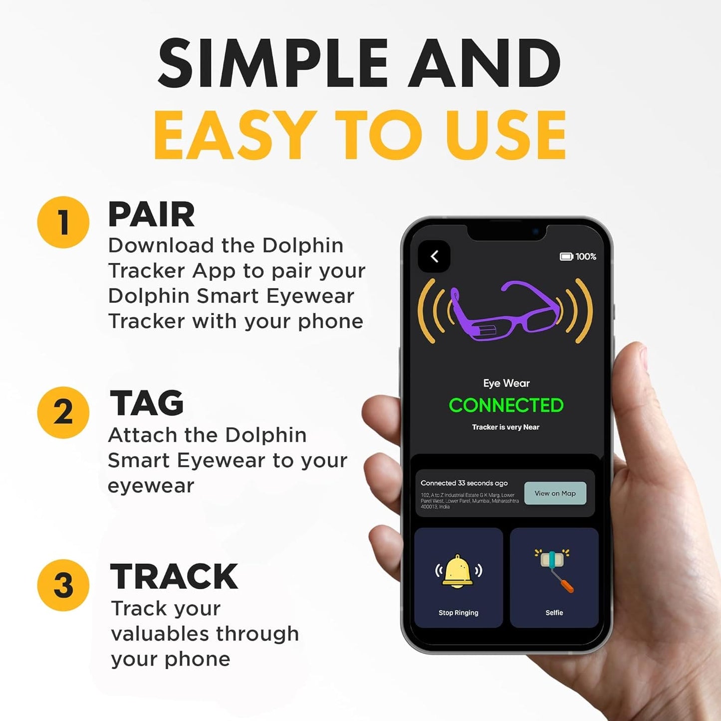 Specs Finder for Android | Dolphin Eyewear Finder | tag8 Glasses Tracker Compatible with Android and Apple iOS | Prevents Loss with configurable Seperation Alarm | Compact Rechargeable Battery