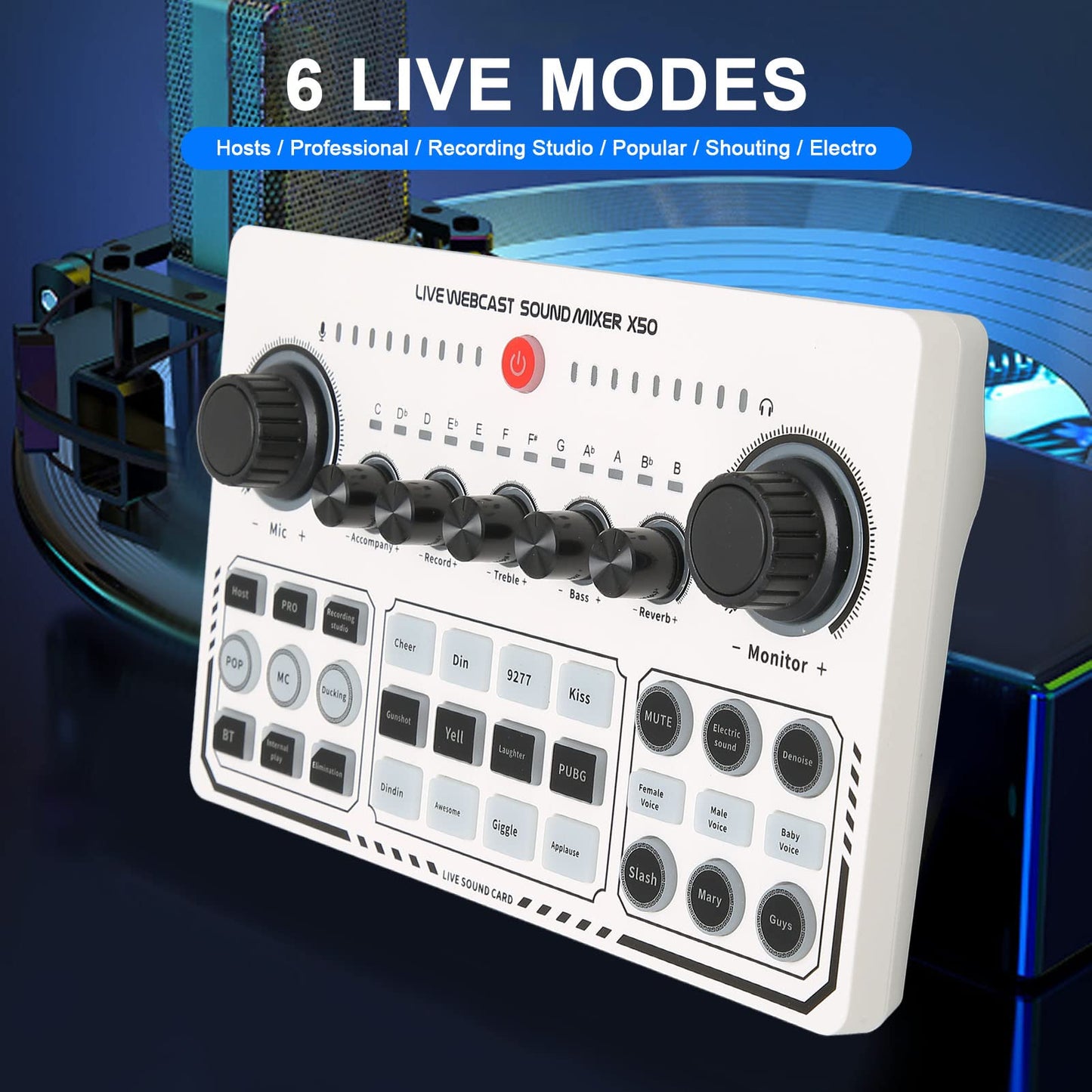 X50 Live Sound Card, 12 Warm Up Sound Effects One Touch Mute USB External Sound Card DJ Mixer for Live Streaming, PC, Recording