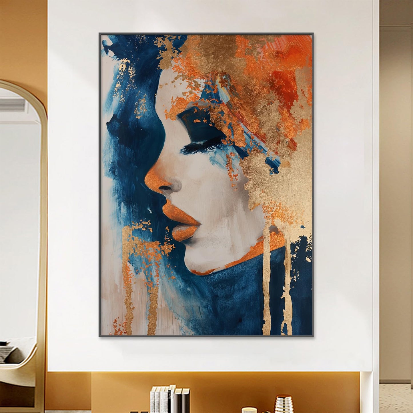 Orange Blue Canvas Wall Art Abstract Gold Painting Modern Abstract Canvas Orange Gold Blue Wall Art Abstract Face Canvas Art Navy Blue & Orange Wall Pictures Modern Orange Painting 16x24inch No Frame