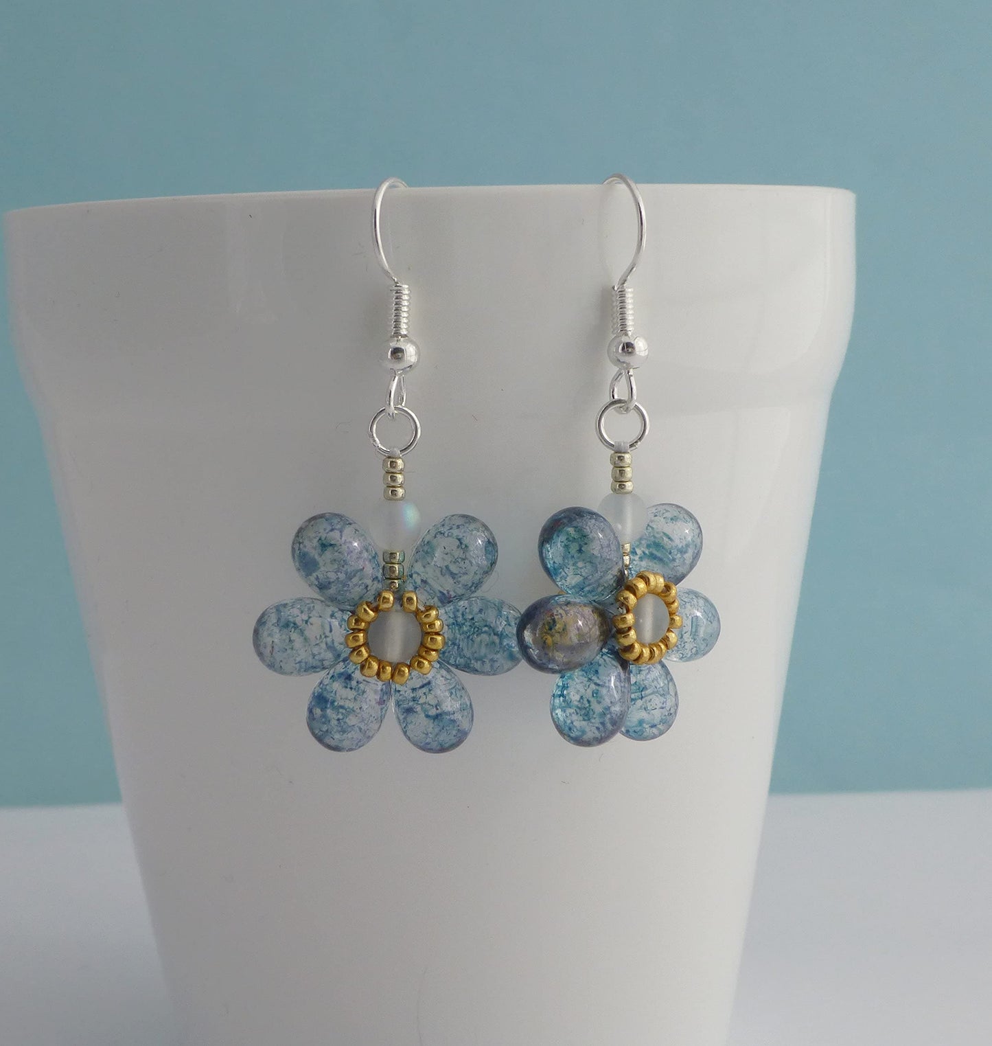 Blossom Flower Handmade Earrings (Speckled Blue, sterling-silver)