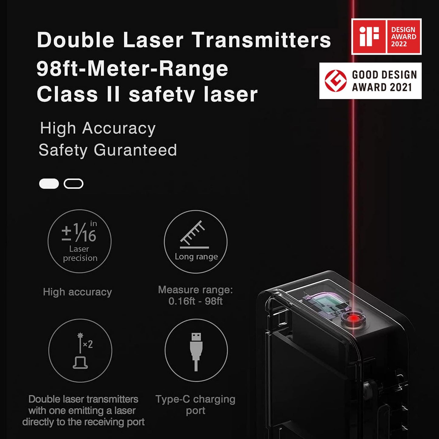 HOTO 98Ft/30m Laser Distance Meter, Digital Laser Measure with Bluetooth, ±2 mm Accuracy, M/Ft Unit Switching, 2 Measurement Modes, OLED Display, USB-C Charging