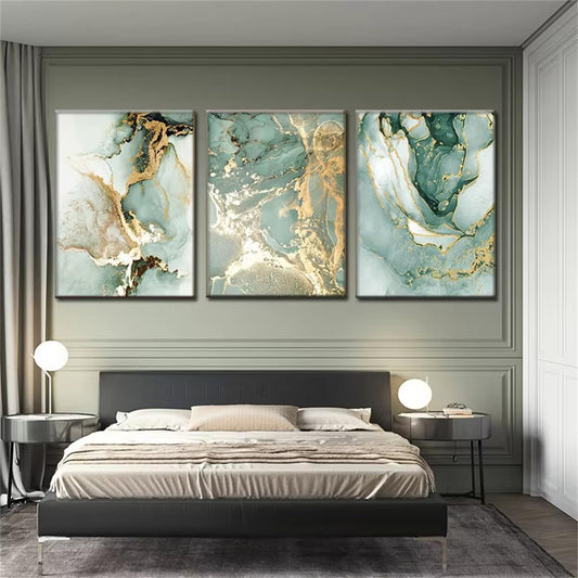 YZNLOQ Green Gold Marble Canvas Wall Art Green Abstract Painting with Gold Foil Art White and Gold Wall Picture Emerald Green and Gold Marble Paintings Fluid Lines Posters for Room 16"X24"X3 Unframed