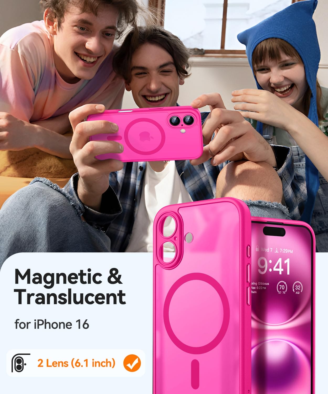 CANSHN Magnetic for iPhone 16 Case, Upgraded [Full Camera Protection] [Compatible with Magsafe] [Translucent Matte] Shockproof Protective Phone Case for iPhone 16 6.1" - Hot Pink