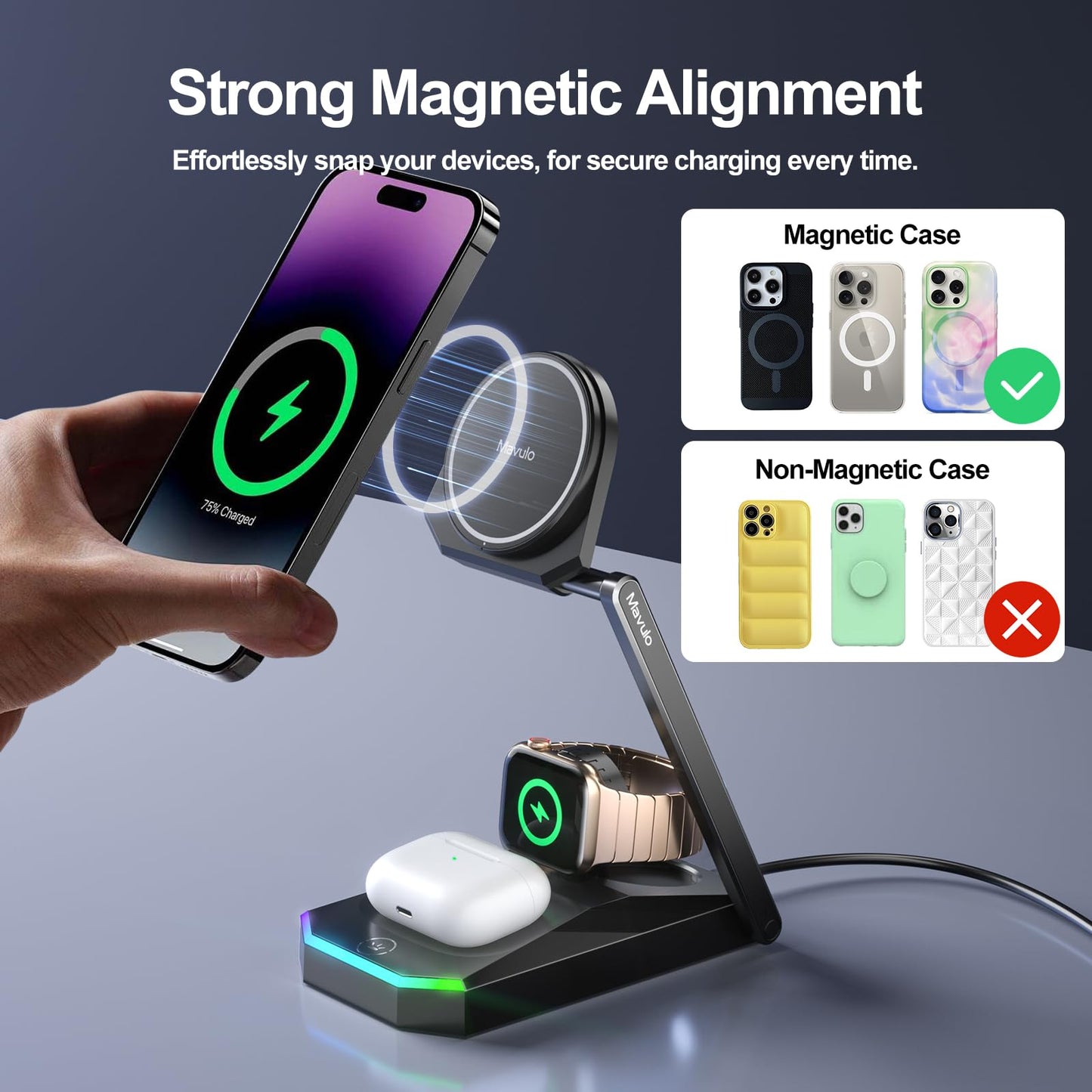 Wireless Charging Station for Multiple Devices,Foldable Mag-safe Charger for for iPhone 16 15 14 13 12 Series,Wireless Charger Stand for Apple Watch Series, AirPods with LED & Adapter