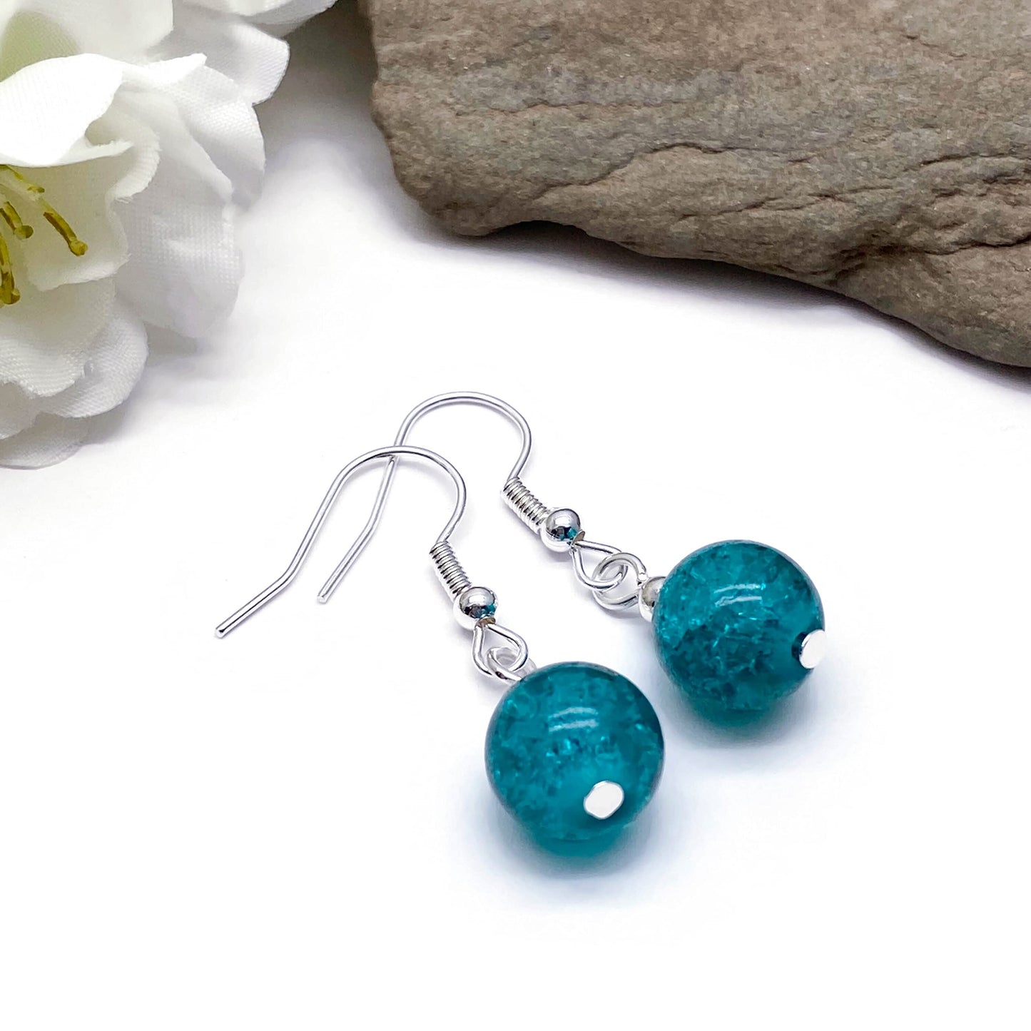 Sea Green Crackle Glass Bead Earrings - 10mm Round Beads on Nickelfree Hooks