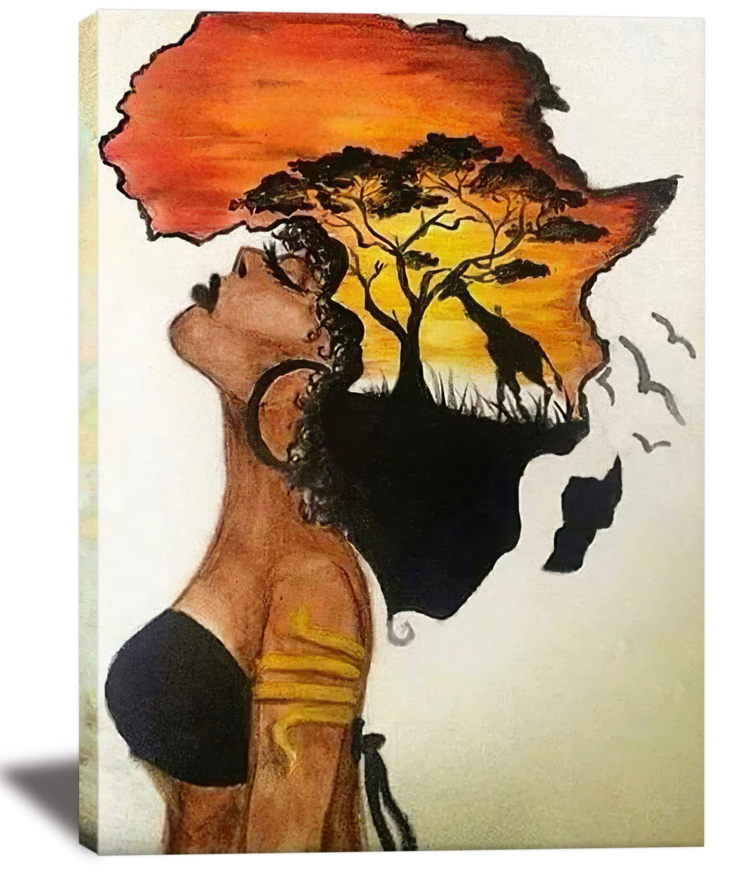 Framed African American Wall Art Homesick African Woman Posters Canvas Painting Black Girl Abstract African Sunset Landscape Wall Decor Picture Prints Art for Living Room Bedroom Home Decoration