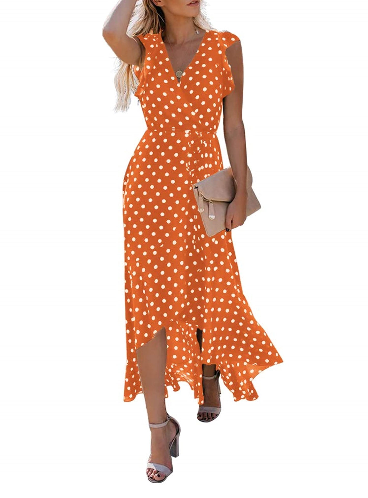 GRECERELLE Womens Summer Maxi Dress Boho Floral Cocktail Polka Dot Wrap Dresses V Neck Casual Party Bohemian Flowy Long Dress for Ladies (Polka Dots-Orange, L)