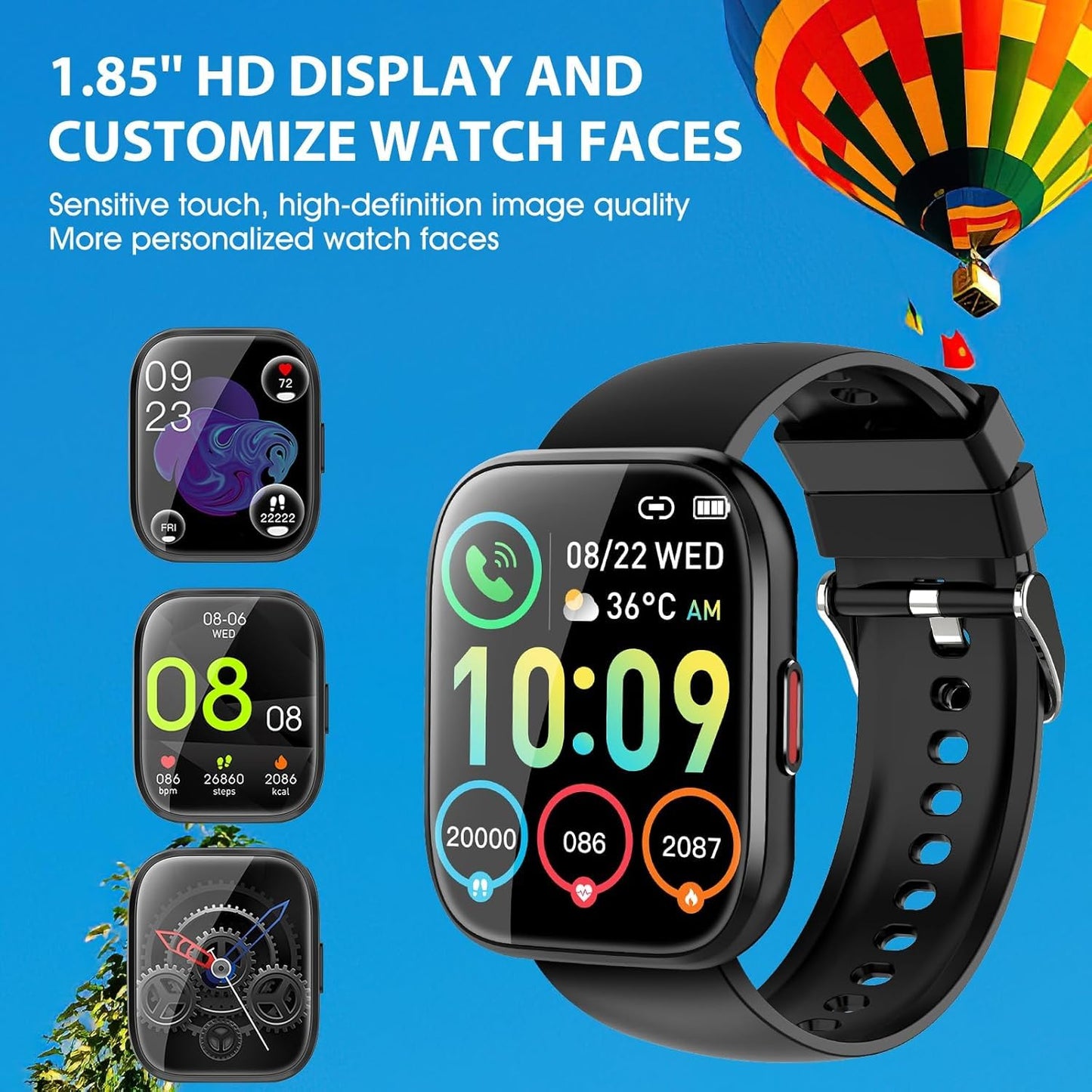 Smart Watch (Answer/Make Calls), Smart Watches for Men Women with 1.85 Touch Screen, Step Counter, IP68 Waterproof, 112 Sport Modes , Heart Rate/Sleep Monitor Fitness Watch for iOS Android, Black