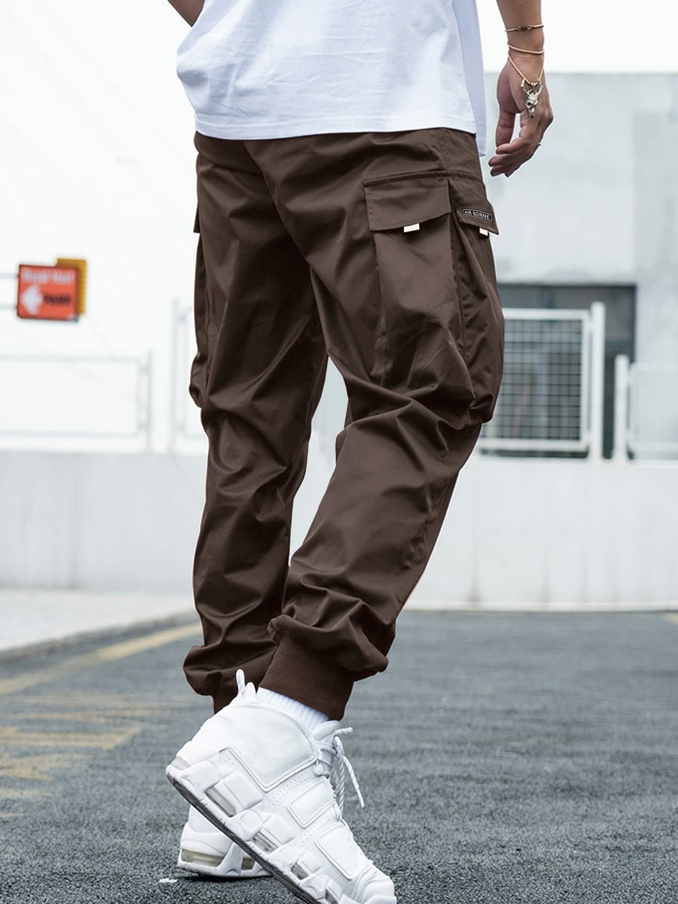 OYOANGLE Men's Casual Drawstring Elastic Waist Flap Pocket Letter Graphic Street Jogger Cargo Pants Coffee Brown L