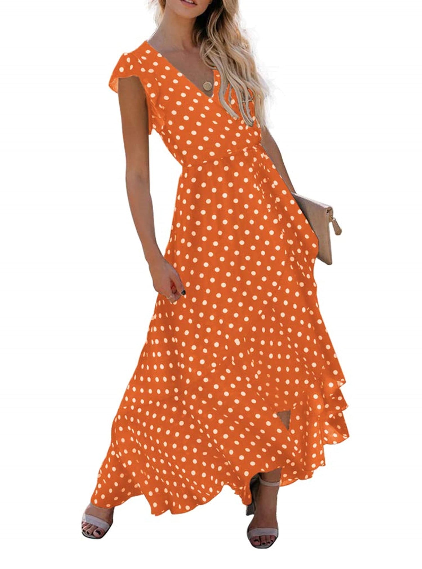 GRECERELLE Womens Summer Maxi Dress Boho Floral Cocktail Polka Dot Wrap Dresses V Neck Casual Party Bohemian Flowy Long Dress for Ladies (Polka Dots-Orange, L)