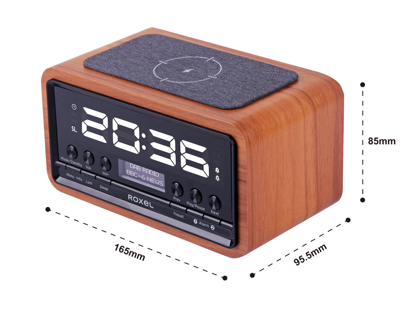 Roxel Nod Bedside Radio, DAB/DAB+ & FM Radio, Alarm Clock, Wireless Phone Charging, Large Digit Display, Dual Bedside Alarm Clock with Wireless Streaming (Walnut)