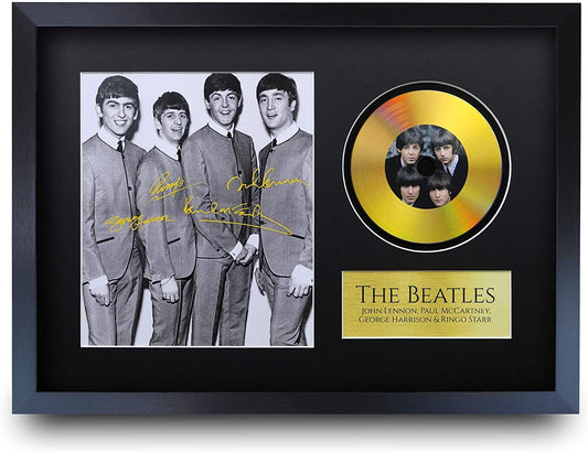 HWC Trading A3 FR The Beatles John Lennon Paul McCartney George Harrison Ringo Starr Signed Autograph Picture with a Gold Disc Image Print for Music Memorabilia Fans - A3 Framed