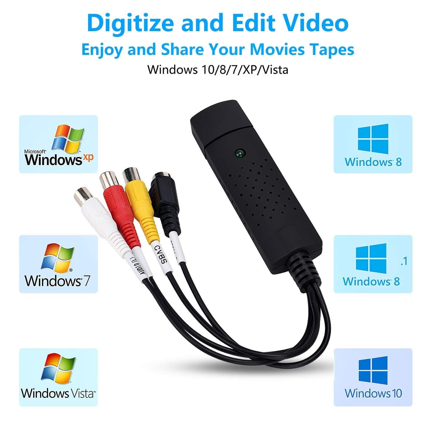 USB Audio Video Converter, VHS to Digital Converter, Video Capture Card Digitize from Analog Video VCR VHS DVD, for Windows 7 8 10