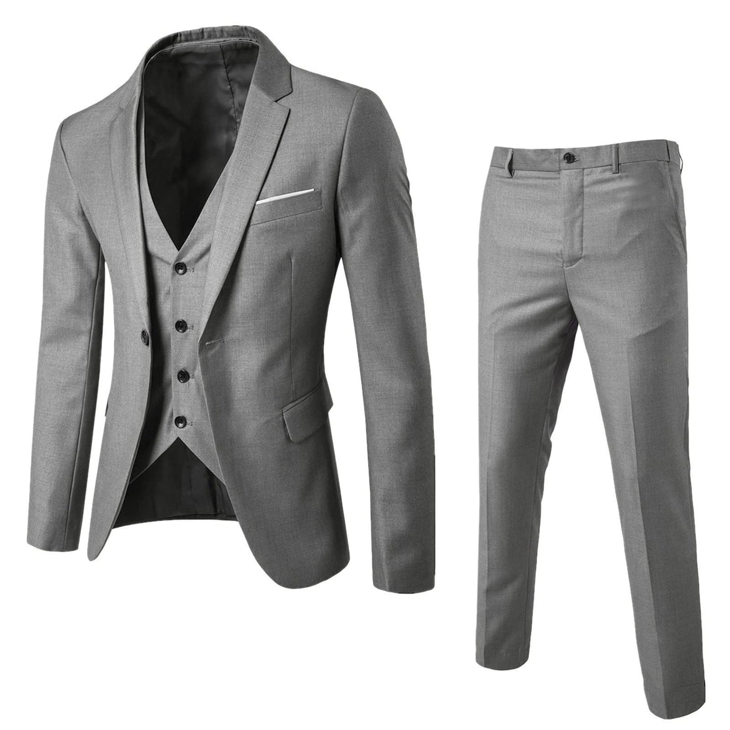 Men's 3 Piece Suit Elegant Solid One Button Slim Fit Single Breasted Business Wedding Party Blazer Jacket Vest Pants Set A-Grey