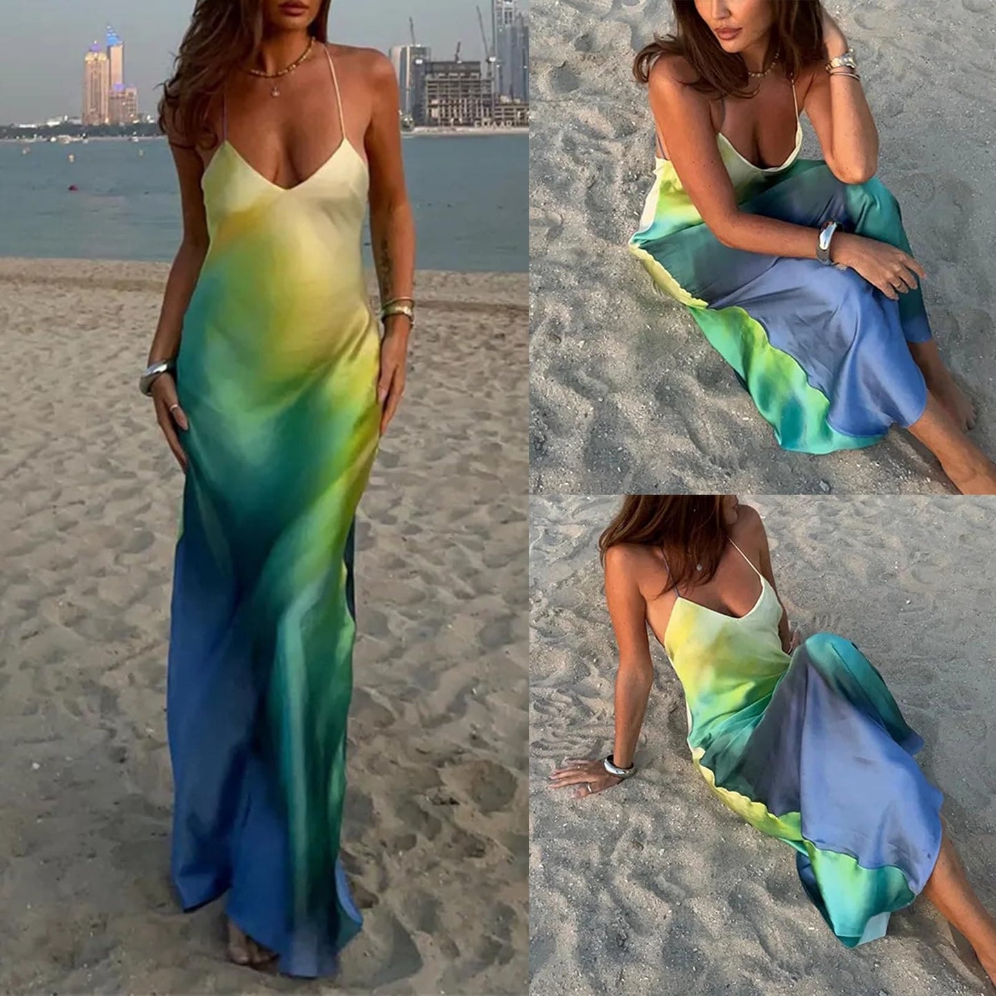 Women Tie Dye Spaghetti Strap Maxi Dress Sexy Low Cut Backless Bodycon Midi Cami Dresses Summer Beach Party Dress (Blue, S)