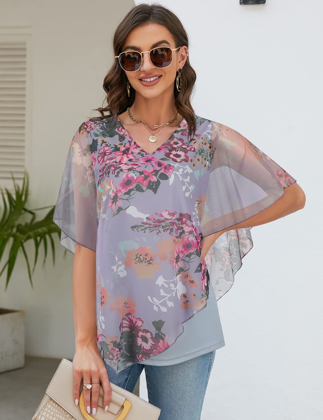 Blouses For Women UK, Women's Blouses & Shirts Loose Summer Blouse Tops Elegant Chic Floral Blouse Shirts Womens V Neck Tops Baggy Tops Ruffle Sleeve Tops Going Out Tops