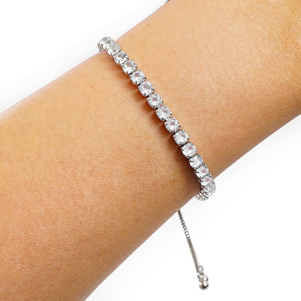 Suyi Tennis Bracelet Birthstone Cubic Zirconia Bracelet Silver Silder Bracelet Birthday Jewellery April Birthstone Bracelet