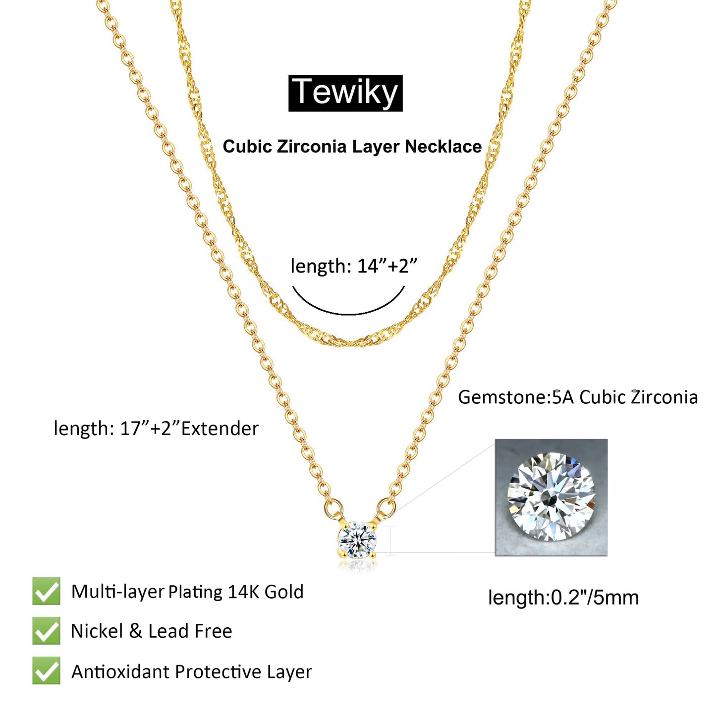 Tewiky Gold Necklace, Dainty Gold Layered Gold Plated Diamond Necklaces Simple CZ Solitaire Pendant Necklace Cute Gold Cubic Zirconia Chain Choker for Women Trendy Girls Gold Jewelry Gift