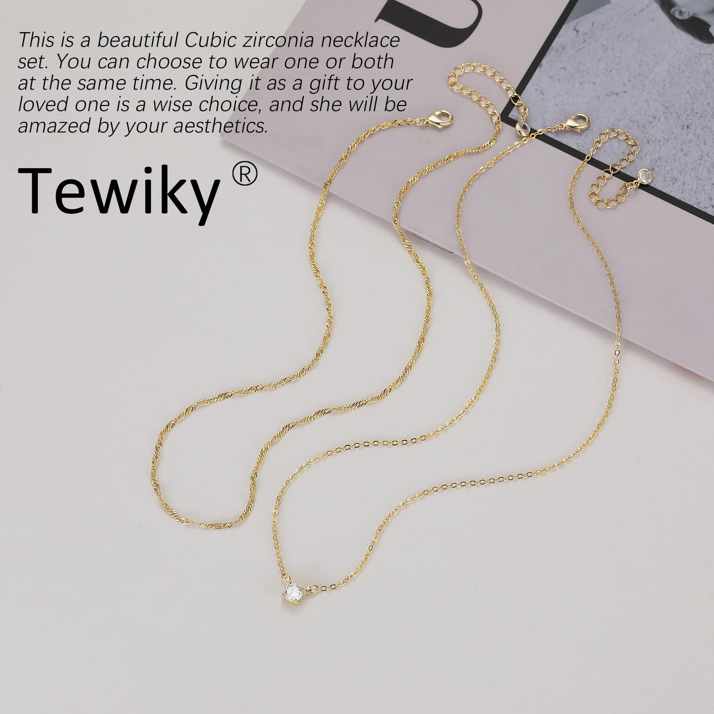 Tewiky Gold Necklace, Dainty Gold Layered Gold Plated Diamond Necklaces Simple CZ Solitaire Pendant Necklace Cute Gold Cubic Zirconia Chain Choker for Women Trendy Girls Gold Jewelry Gift