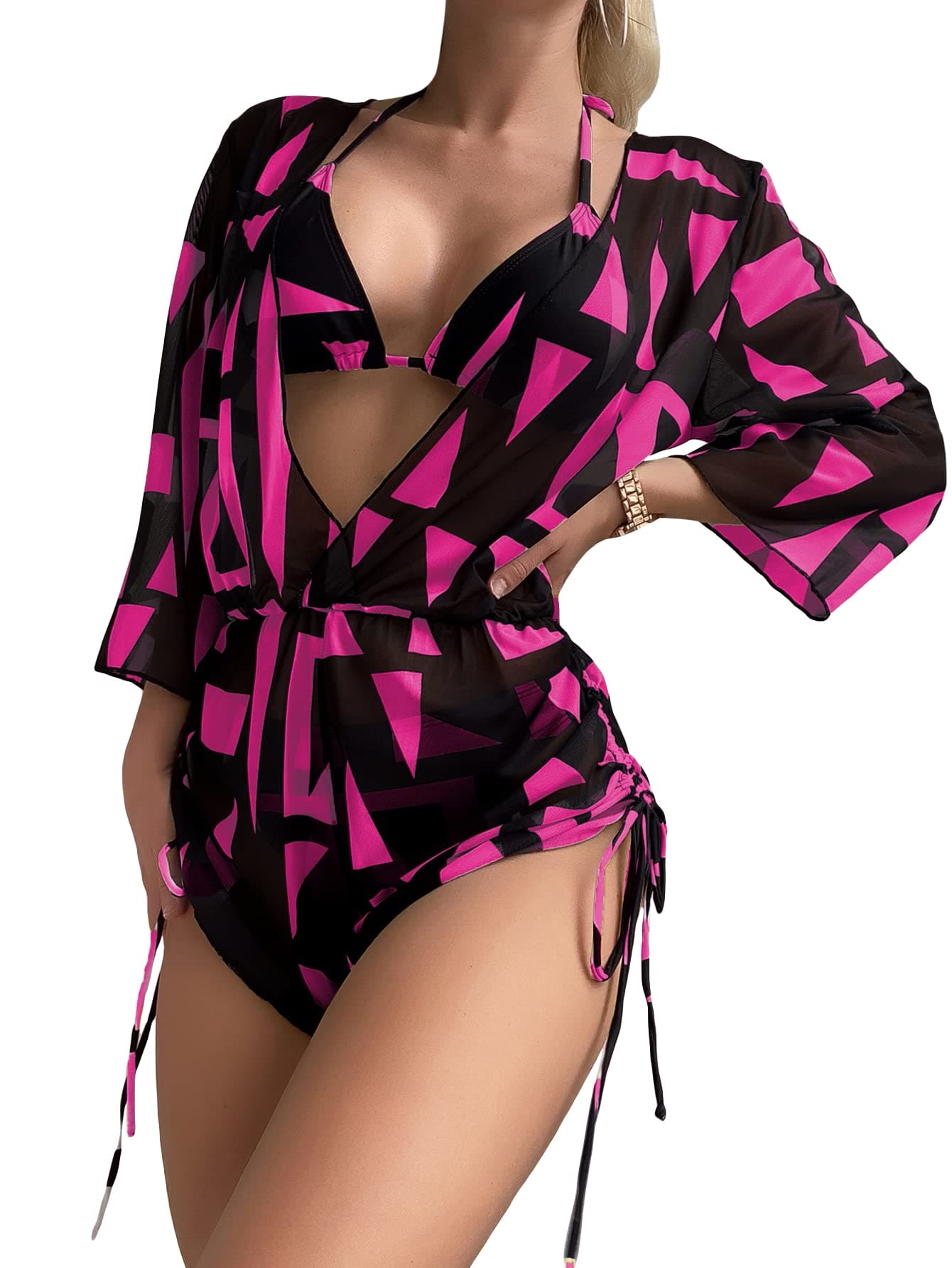 OYOANGLE Women's 3 Piece Graphic Halter Triangle Bikini Swimsuit with Drawstring Cover Up Hot Pink and Black L