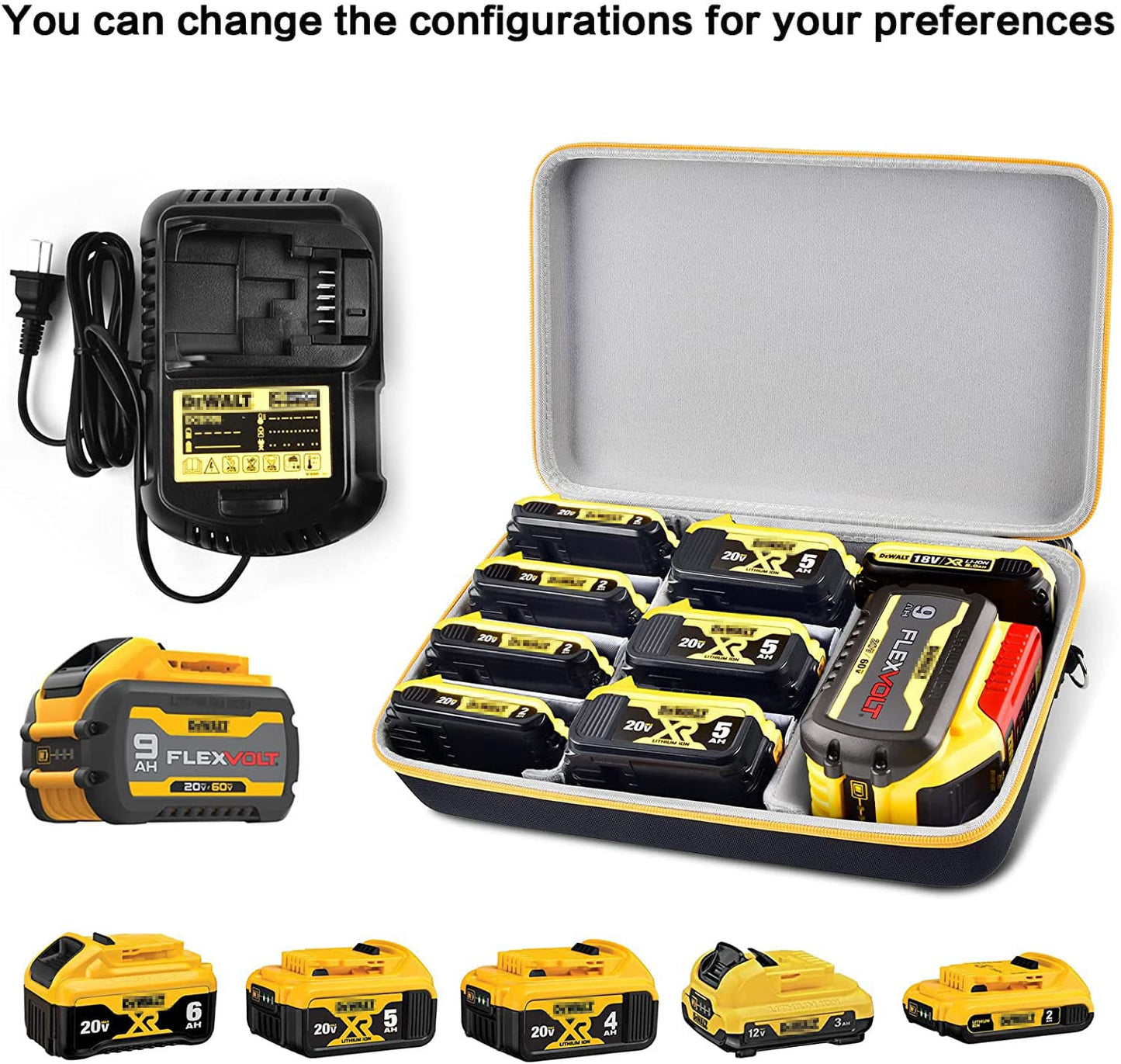 Extra Large Battery Storage Holder Case for DEWALT 20V/ 60V MAX XR &Charger, Tool Batteries Pack Container Carrier Box, Holds 20V 2.0/3.0/4.0/5.0/6.0/9.0-Ah Batteries, Adapter (Bag Only)