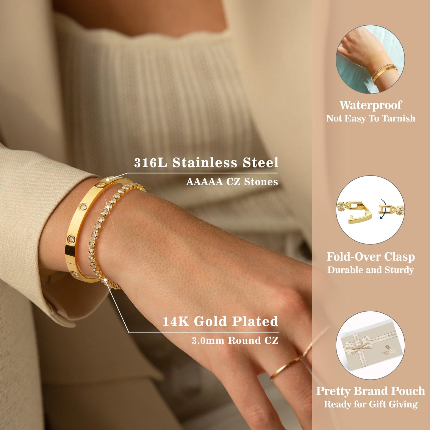 Gold Bracelets for Women Stackable Gold Bangles for Women Tennis Bracelets Bangle Bracelets Cubic Zirconia 14K Gold Plated Jewelry for Mother's Day Gifts Valentine Wedding Birthday 6.5/7/7.5"