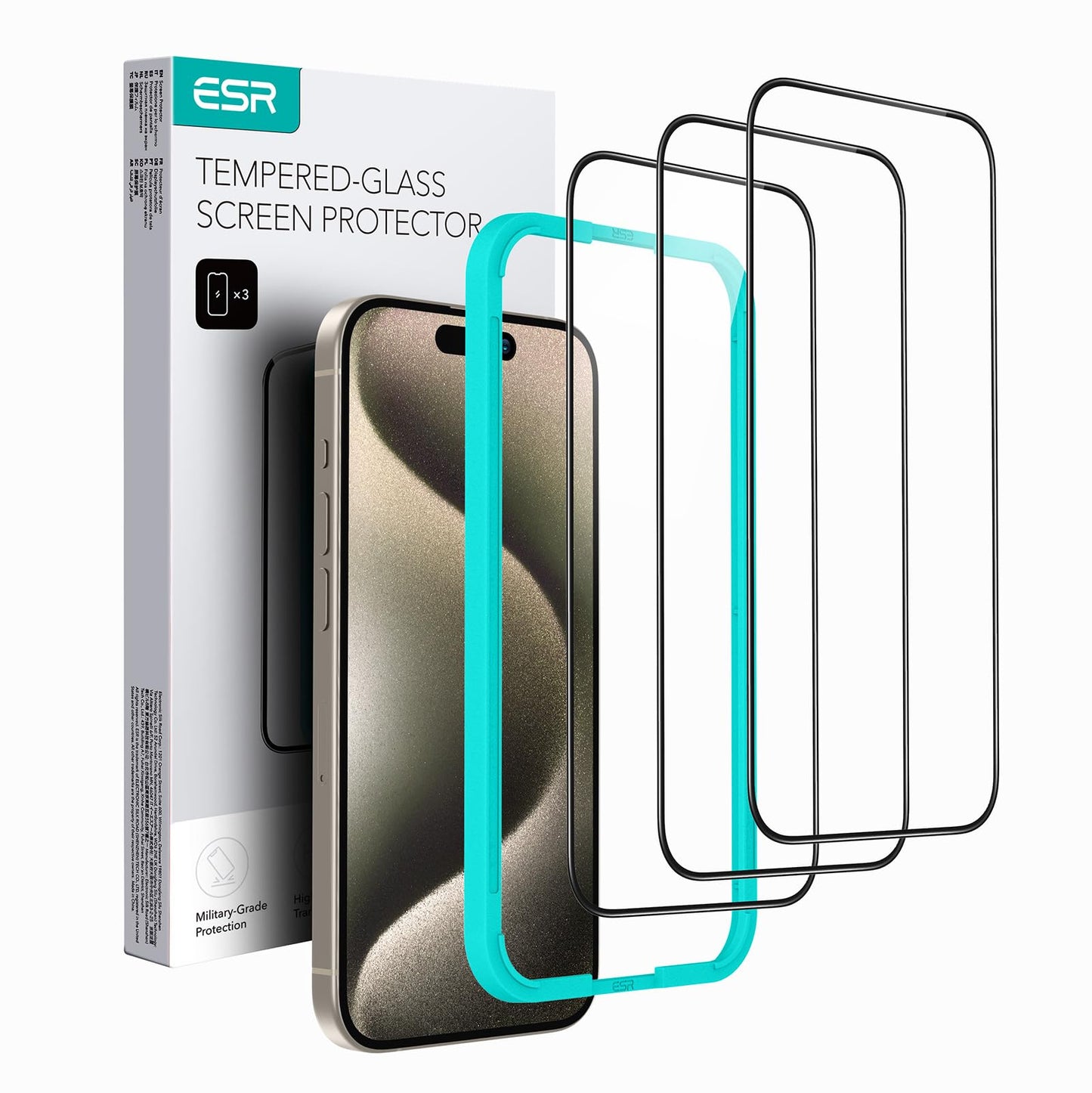 ESR 3 Pack for iPhone 15 Pro Screen Protector, 3 Black Edge Tempered-Glass Film with Easy Installation Tool, 2.5D Curved Edges, Full-Coverage Military-Grade Protection, Scratch Resistant