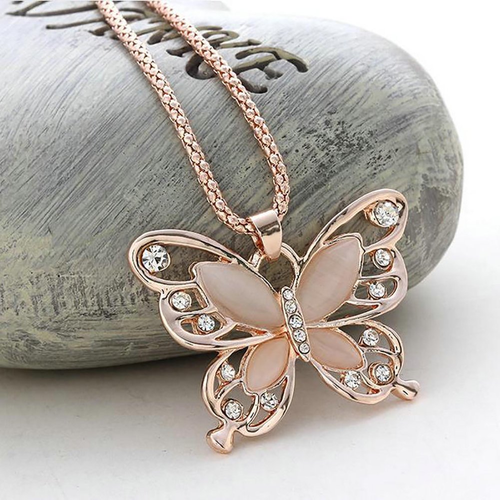 HshDUti Rose Gold Long Sweater Chain Rhinestone Butterfly Pedant Necklace for Women Girls Jewelry Gifts (Rose Gold Butterfly)