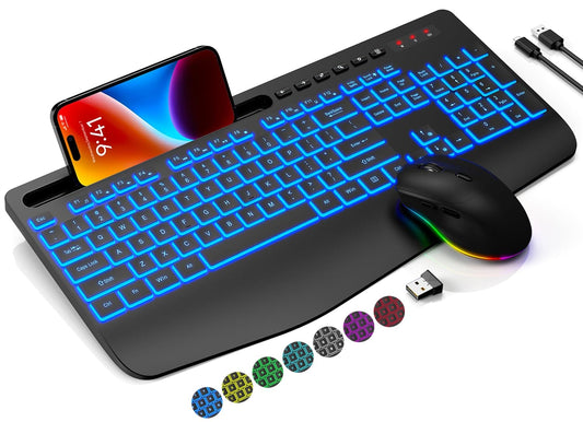 Wireless Keyboard and Mouse Combo with 7 Colored Backlits, Wrist Rest, Rechargeable Ergonomic Keyboard with Phone Holder, Silent Lighted Full Size Combo for Window, Mac, PC, Laptop-Trueque (Black)