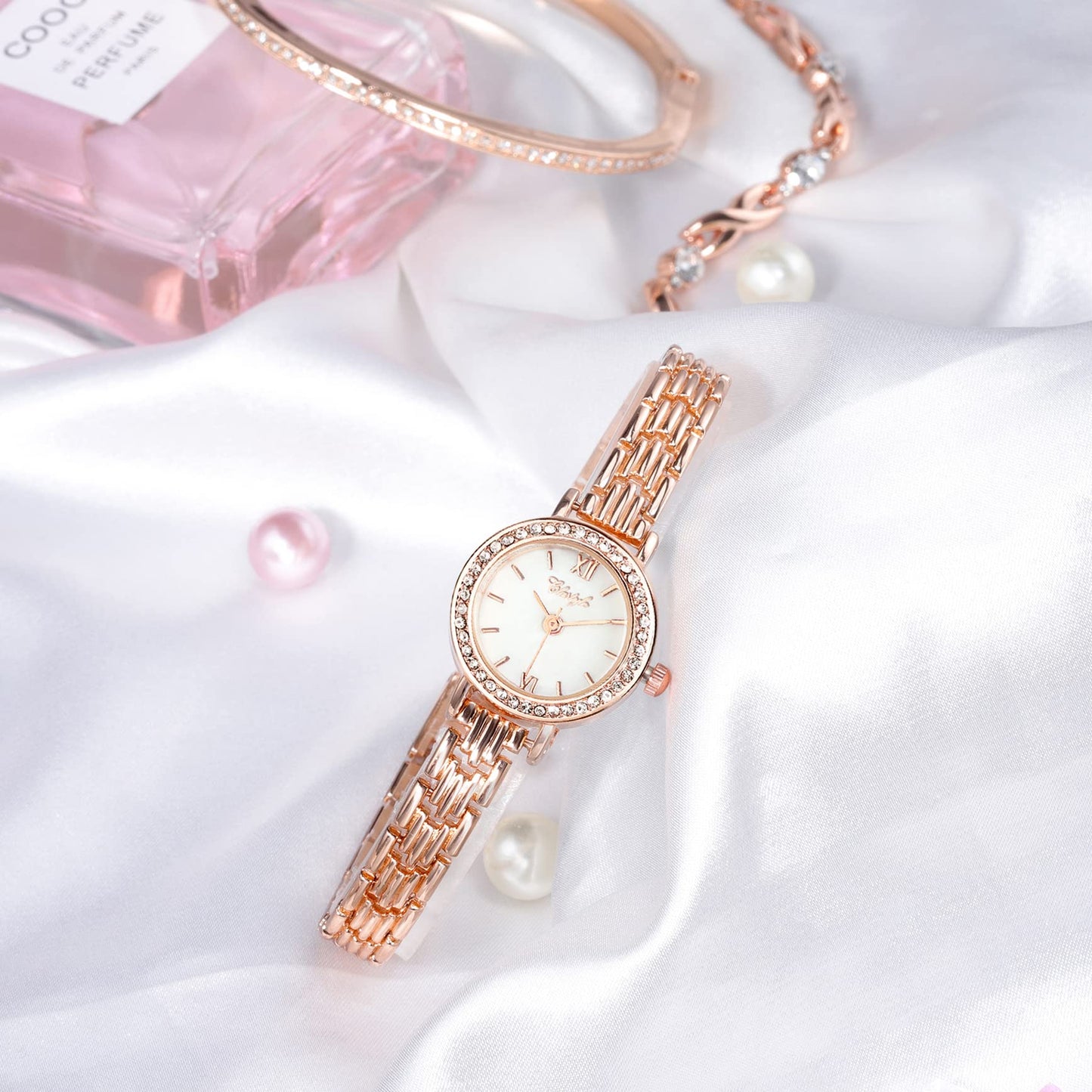 Clastyle Rose Gold Watch and Bracelet Set for Women - Elegant Diamond Ladies Watches with 2 Bangles - Jewellry Wrist Watch for Women with Rhinestone