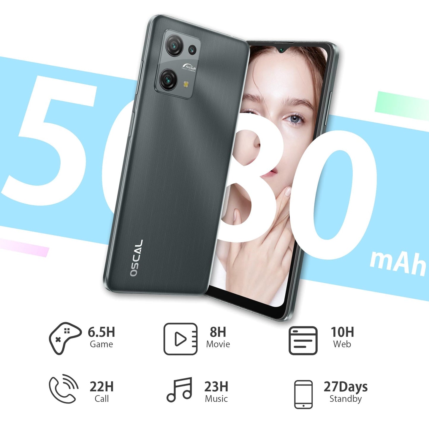 OSCAL 𝘽𝙡𝙖𝙘𝙠𝙫𝙞𝙚𝙬 Phone(2024), C30 Mobile Phone 7GB+32GB/1TB, 5080mAh, Android Phone, 6.52’’HD+ Screen, 12MP+5MP, 3 Cards Slots, 4G Dual Sim Free Unlocked UK, Face ID, GPS, 10W Charger -2 year