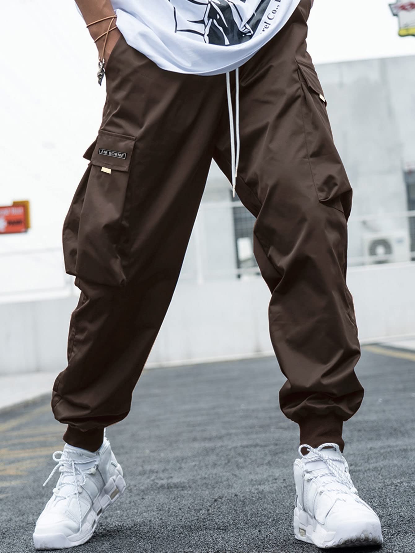 OYOANGLE Men's Casual Drawstring Elastic Waist Flap Pocket Letter Graphic Street Jogger Cargo Pants Coffee Brown L