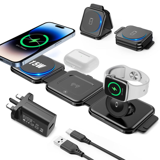 Foldable mag-safe travel charger, 3 in 1 wireless charging station for iPhone 16/15/14/13/12 Series, Apple Watch Charger for iWatch 10/9/Ultra 2/Ultra/8/7/6/SE/5/4/AirPods 4/3/2/Pro(Adapter Included)