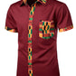 LucMatton Men's African Printed Patchwork Design Short Sleeve Button up Shirt Traditional Dashiki Burgundy Small