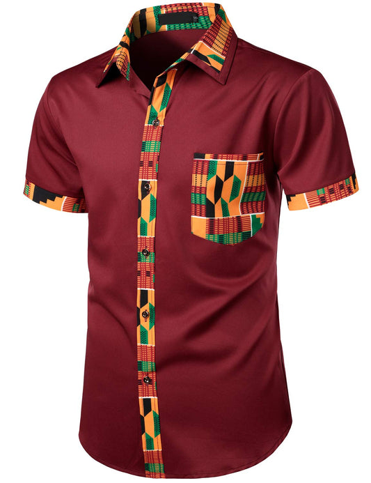 LucMatton Men's African Printed Patchwork Design Short Sleeve Button up Shirt Traditional Dashiki Burgundy Small