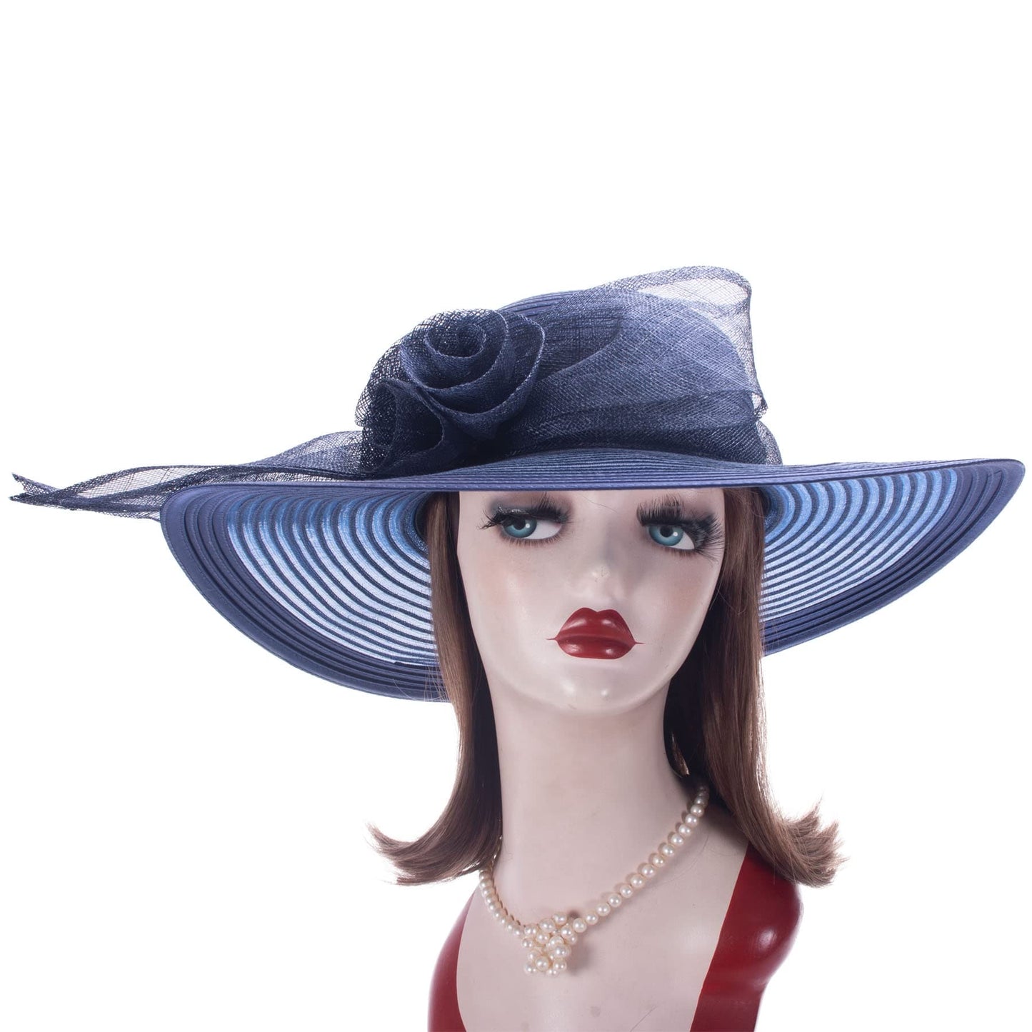 Lawliet Womens Wedding Church Wedding Occasion Wide Brim Sun Formal Royal Ascot Hat (Navy Blue)