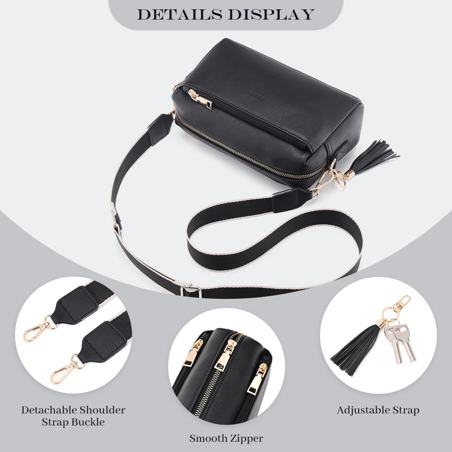 Roulens Small Crossbody Bag with 3 Zip Compartments,Vegan Leather Phone Bag for Women,Shoulder Bag with Adjustable and Removable Wide Strap