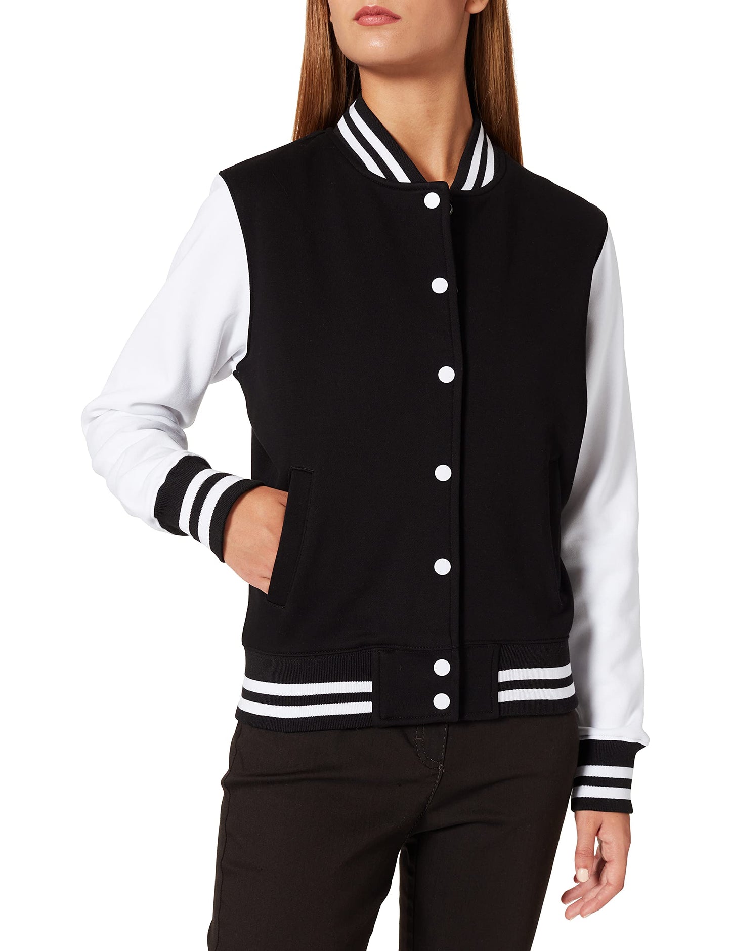 Build Your Brand Women's Ladies Sweat College Jacket Varsity, Black/White, XS