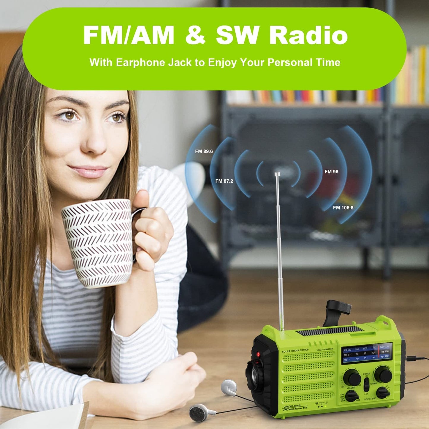 Solar Hand Crank Radio, 5-Way Powered AM/FM/SW Emergency Radio for Outdoor with 5000 mAh Capacity Battery, Portable Radio with USB Charger, LED Flashlight, Reading Lamp, SOS Alarm and Compass Green