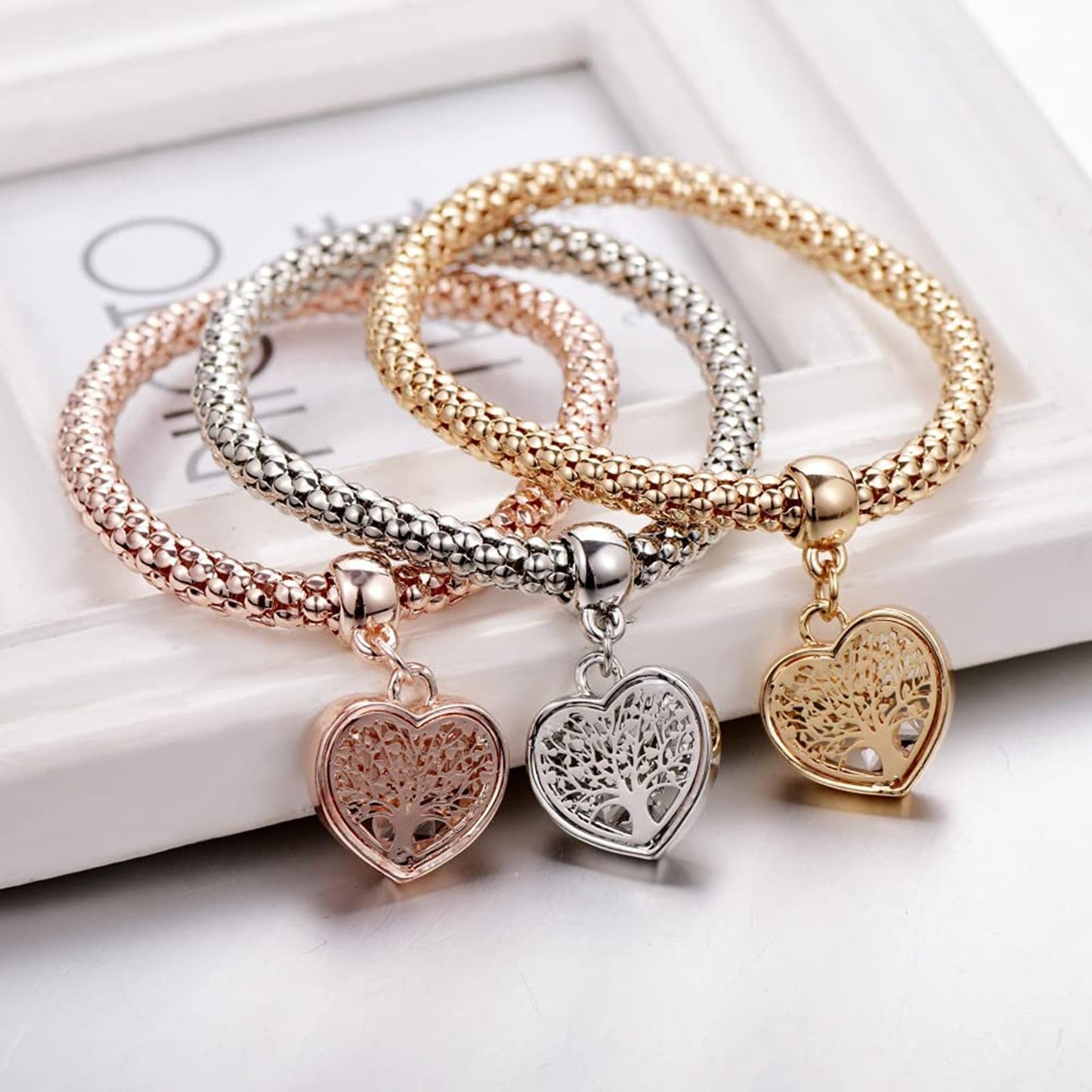 AONAT Crystal Charms Multilayer Bracelets - 3PCS Gold/Silver/Rose Gold Corn Chain Bracelet for Women, Tree of Life Stretch Bracelet