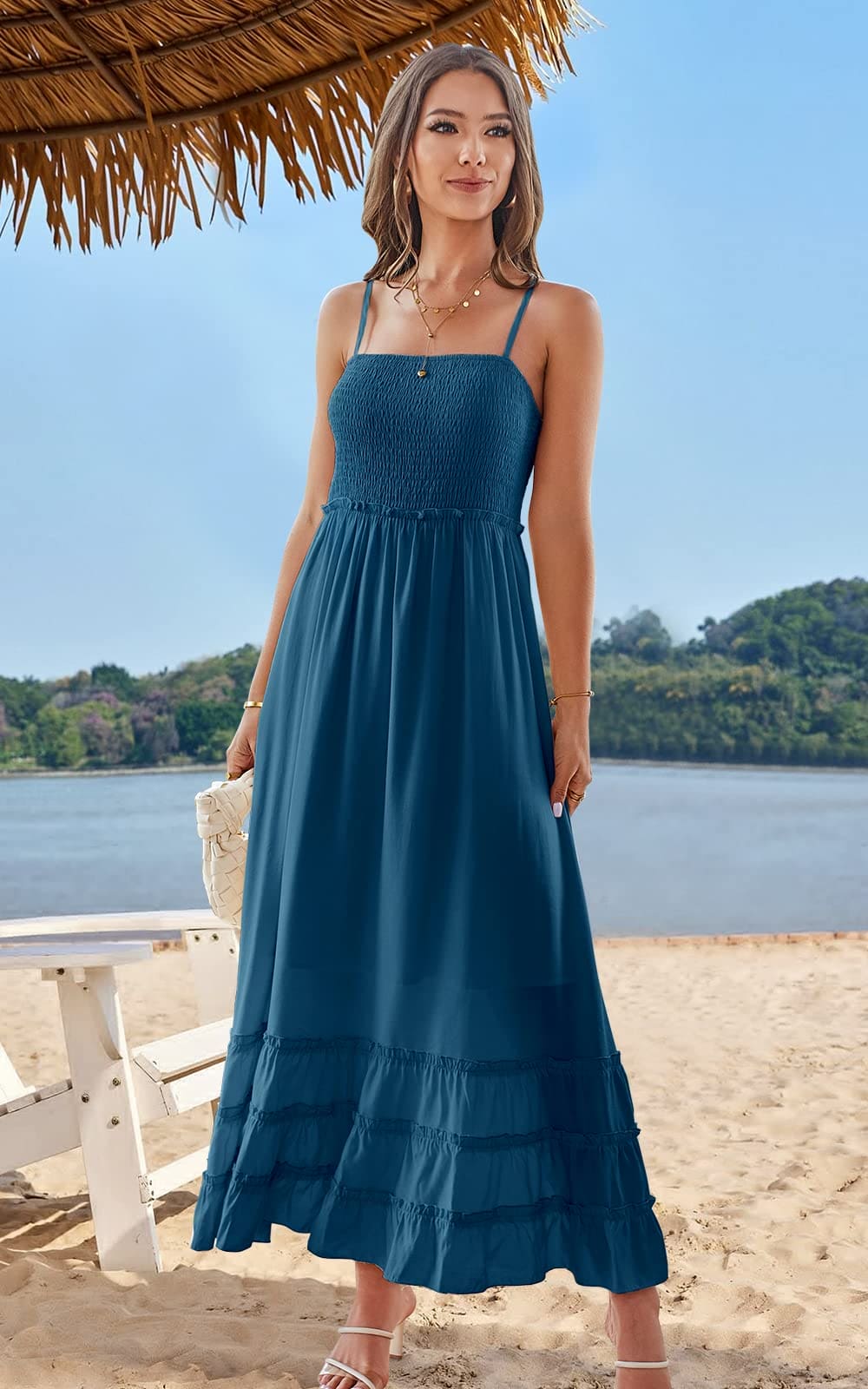 II ININ Maxi Dress Beach Dresses for Women UK Long Summer Dress Spaghetti Strap Square Backless/Flowy Casual Dress Blue