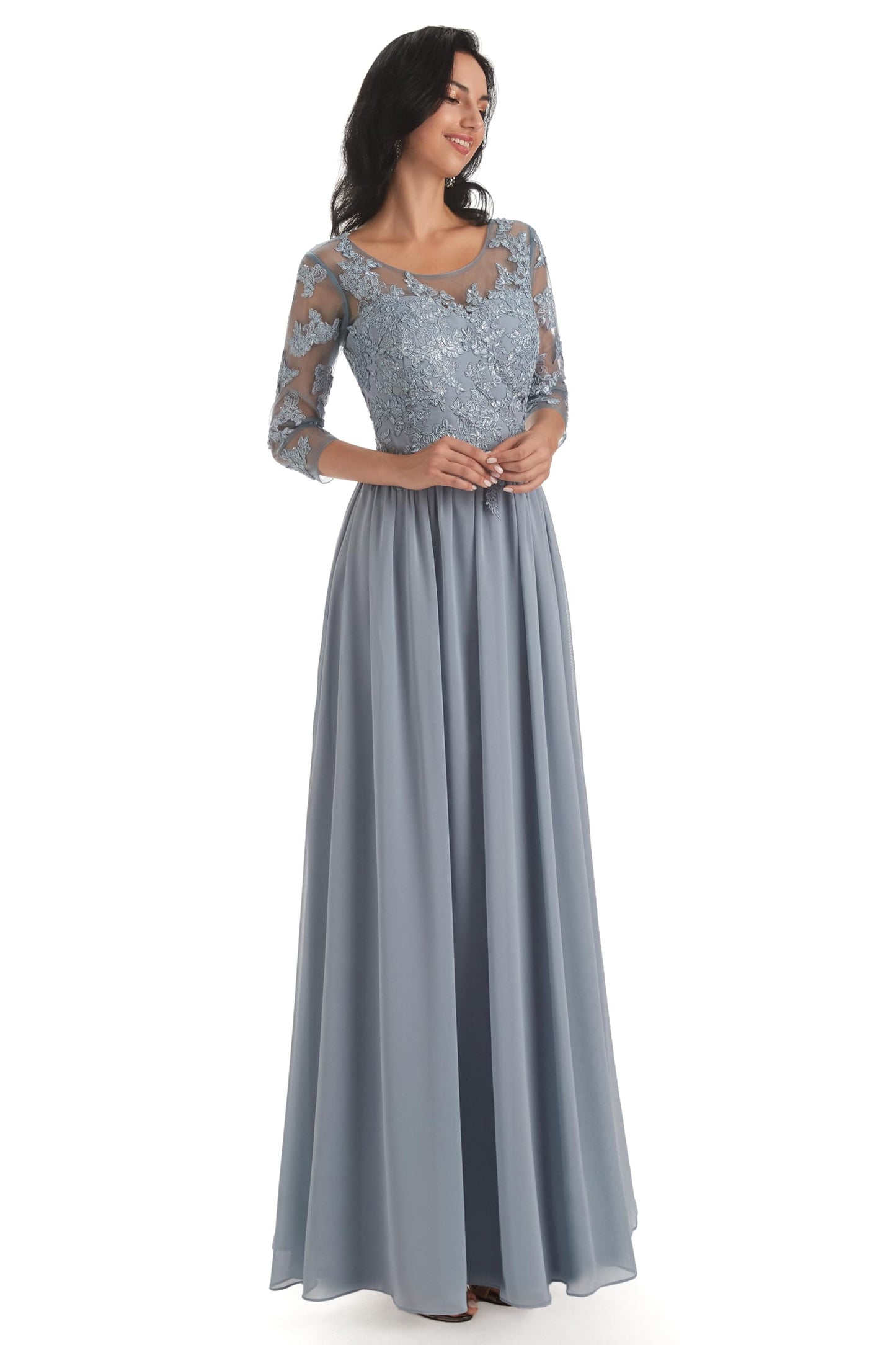 PAVERJER Pleated Taupe Mother of The Bride Dresses Long Chiffon Formal Dress Appliques Lace Gown with Sleeves Size 0